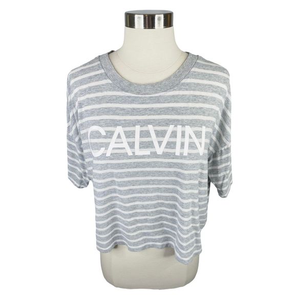 Calvin Klein Performance Gray & White Striped Cropped Athletic Tee - Size Medium - Picture 3 of 5